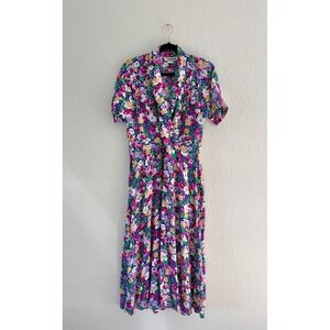 Vintage Jackie Bernard Eklektic Floral Wrap Dress Short Sleeve Midi Size 6